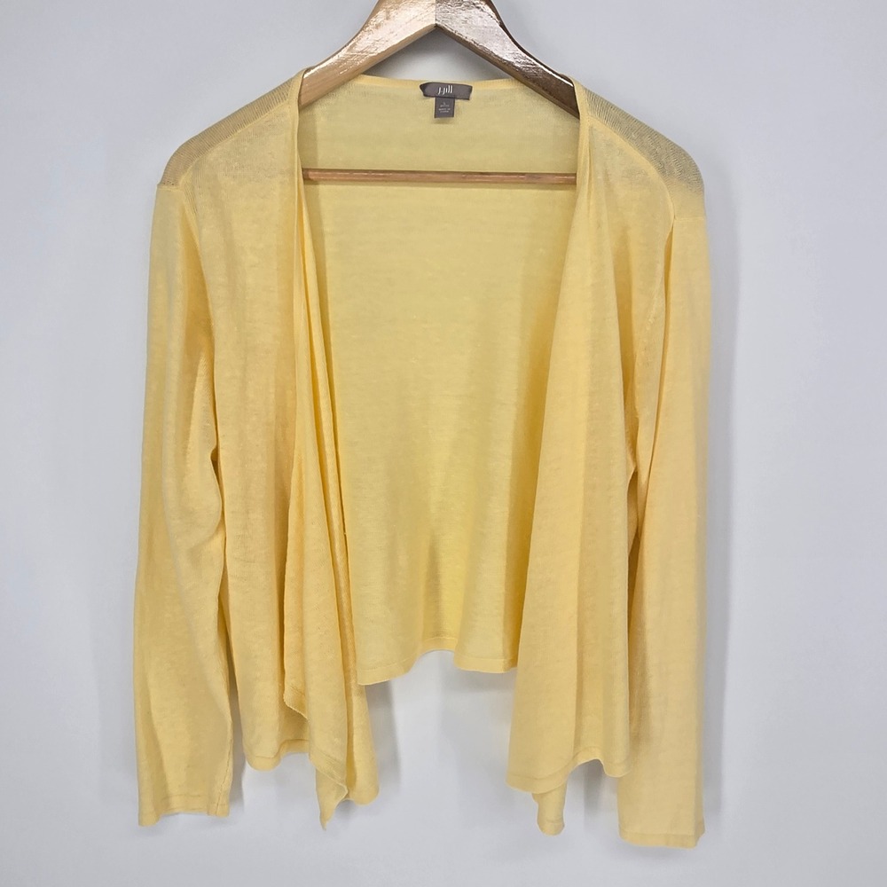 J. Jill Cardigan Sweater Large Petite Yellow Linen Blend Open Front Draped Knit